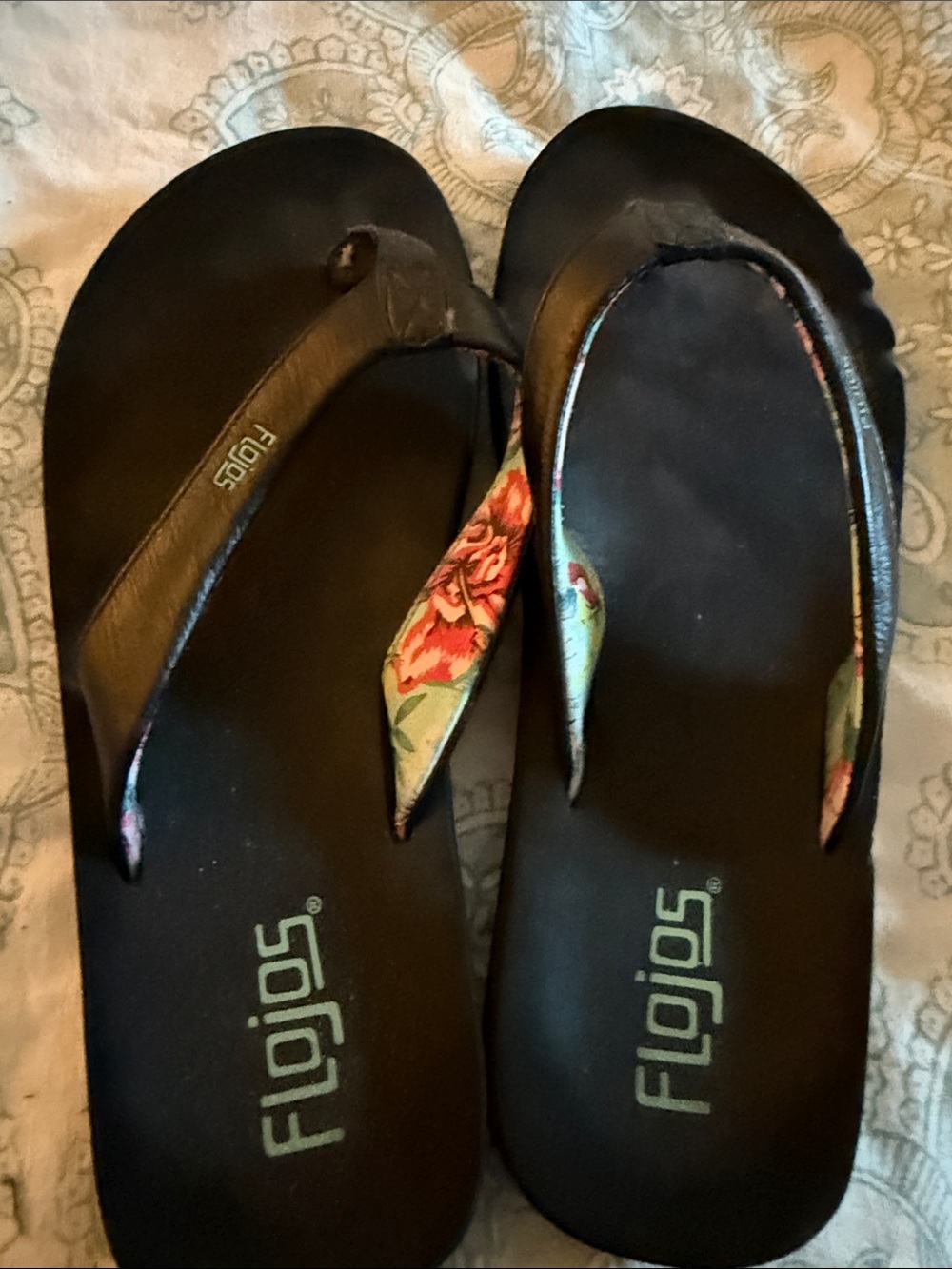 Flojos Black Flip Sandals with Floral Strap Accents